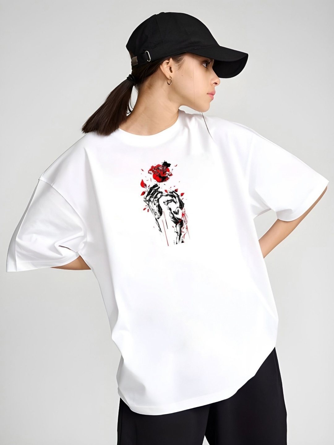 

SZN Women Graphic Printed Round Neck Cotton Oversized T-shirt, White