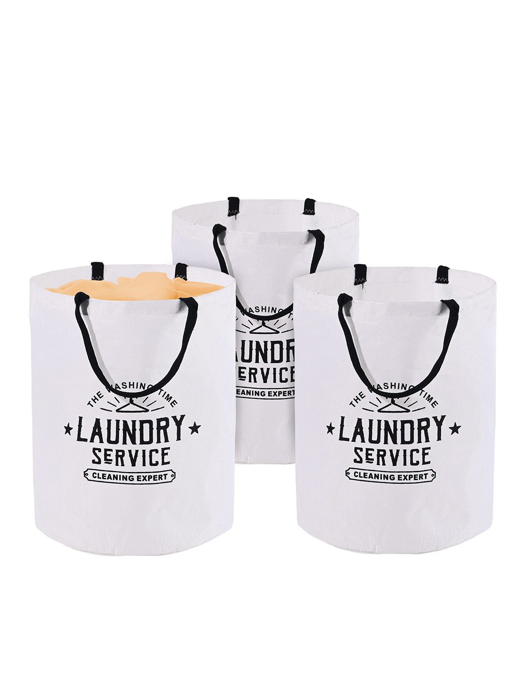 

Kuber Industries White & Black 3 Pieces Printed Foldable Cloth Basket With Handle