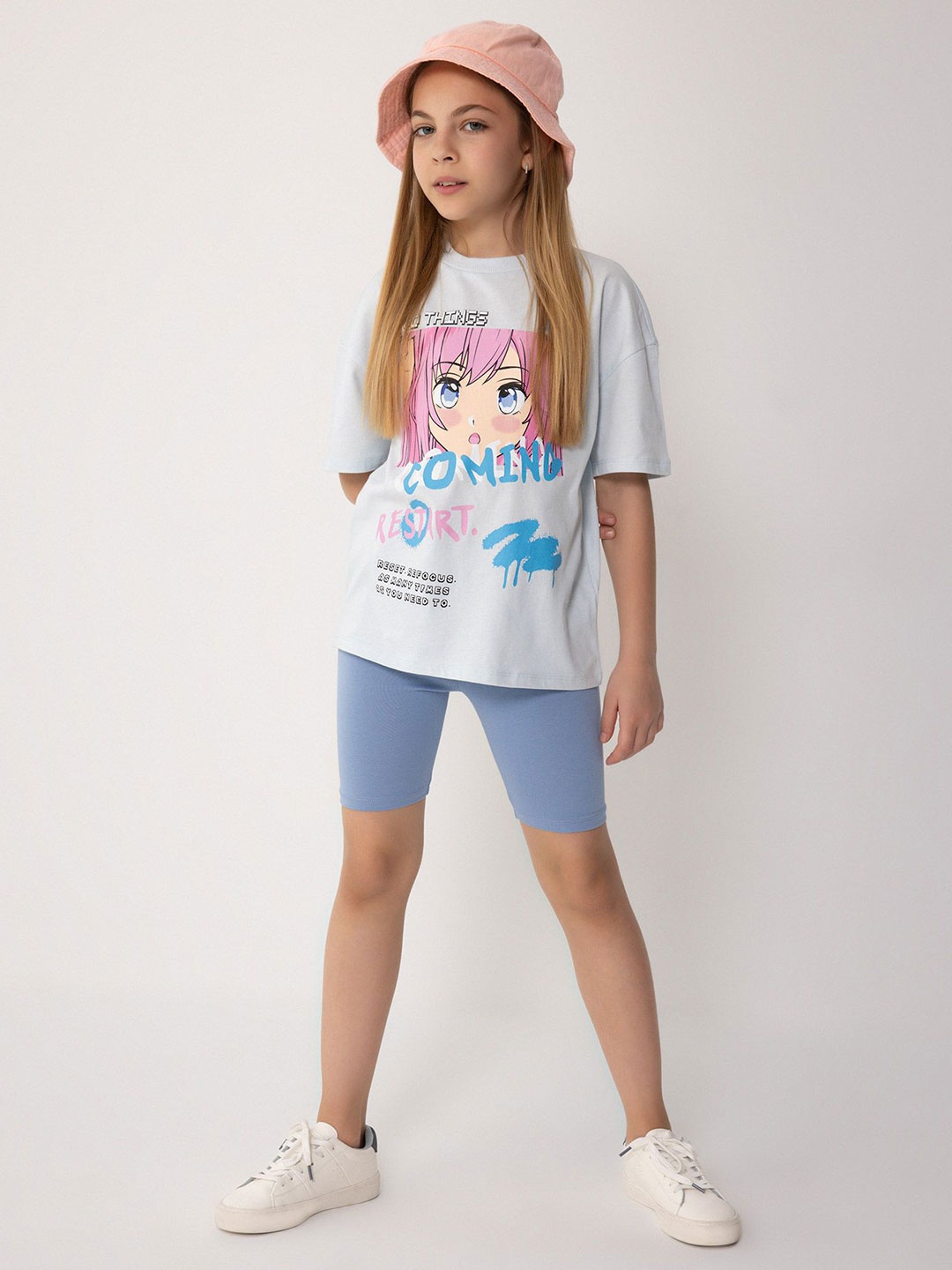 

DeFacto Girls Printed Round Neck Pure Cotton T-shirt With Shorts, White