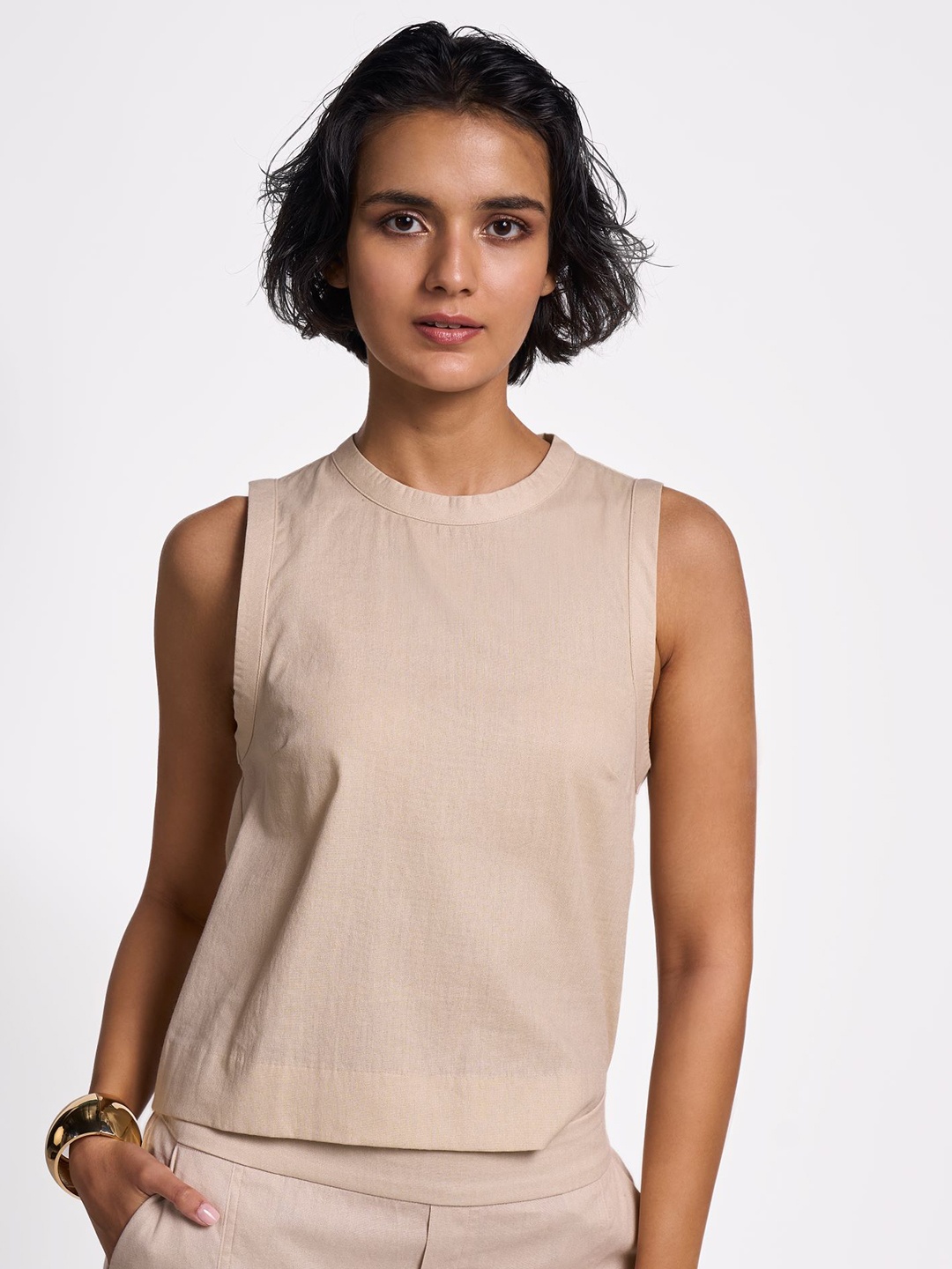 

Terra Luna Women Solid Round Neck Cotton T-shirt, Beige