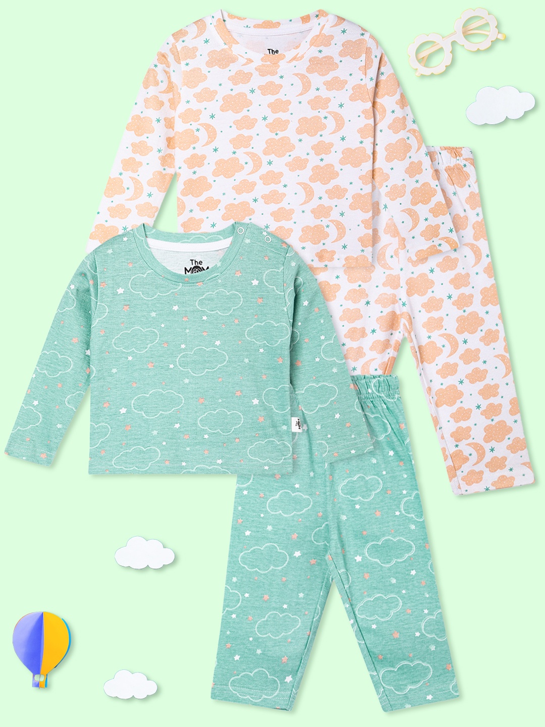 

The Mom Store Kids Pack Of 2 Printed Pure Cotton Night suit, White