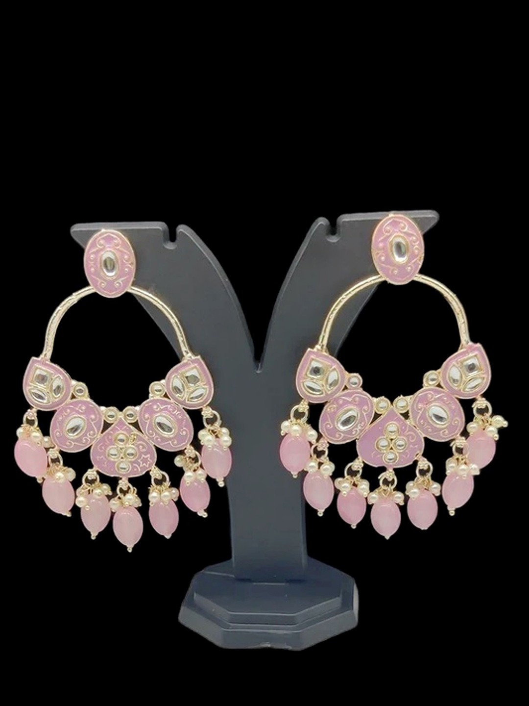 

MADDY SPACE Gold-Plated Artificial Stones Studded And Beaded Contemporary Drop Earrings, Pink