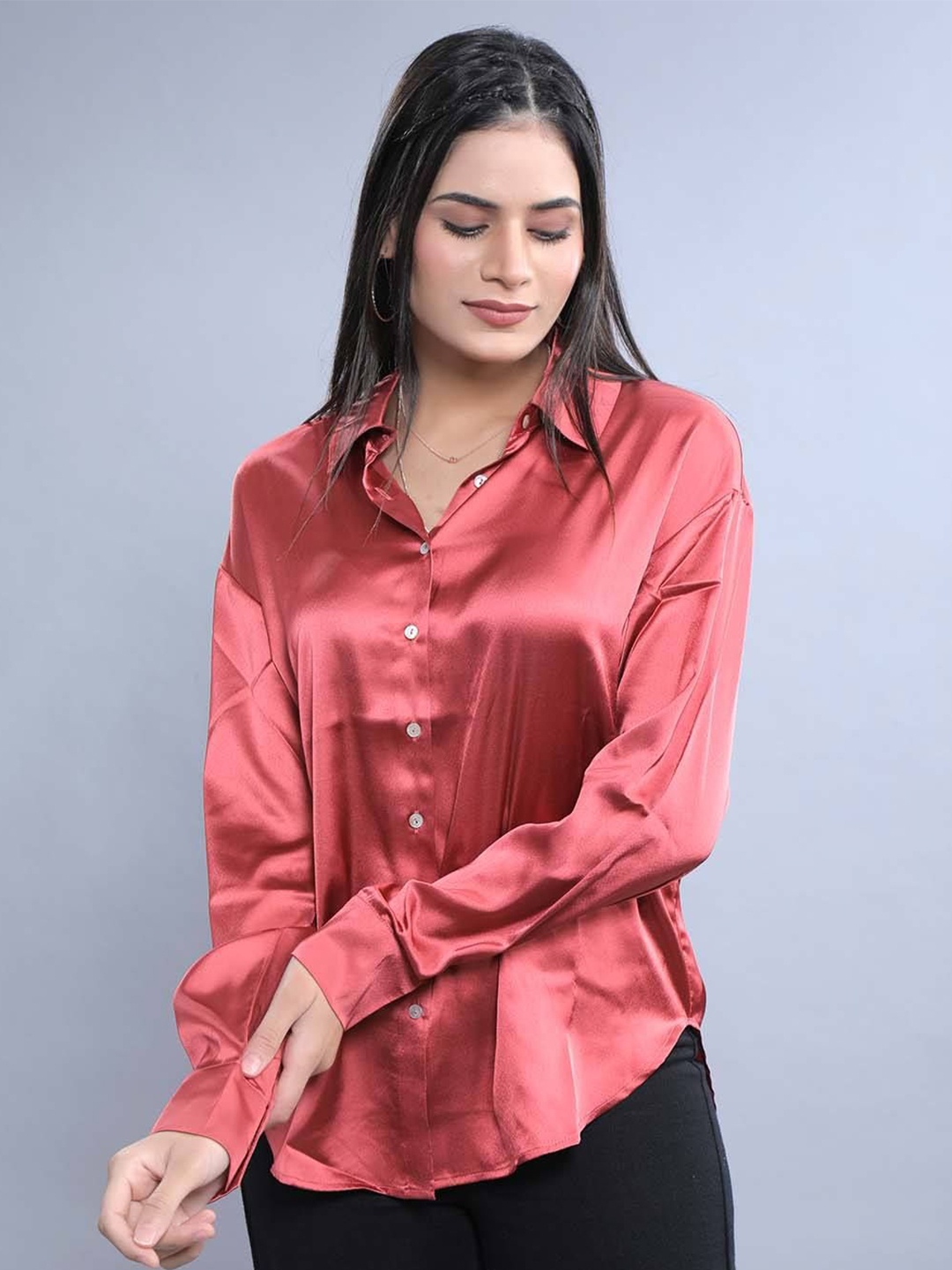 

French Theory Women Comfort Fit Spread Collar Solid Satin Casual Shirt, Red