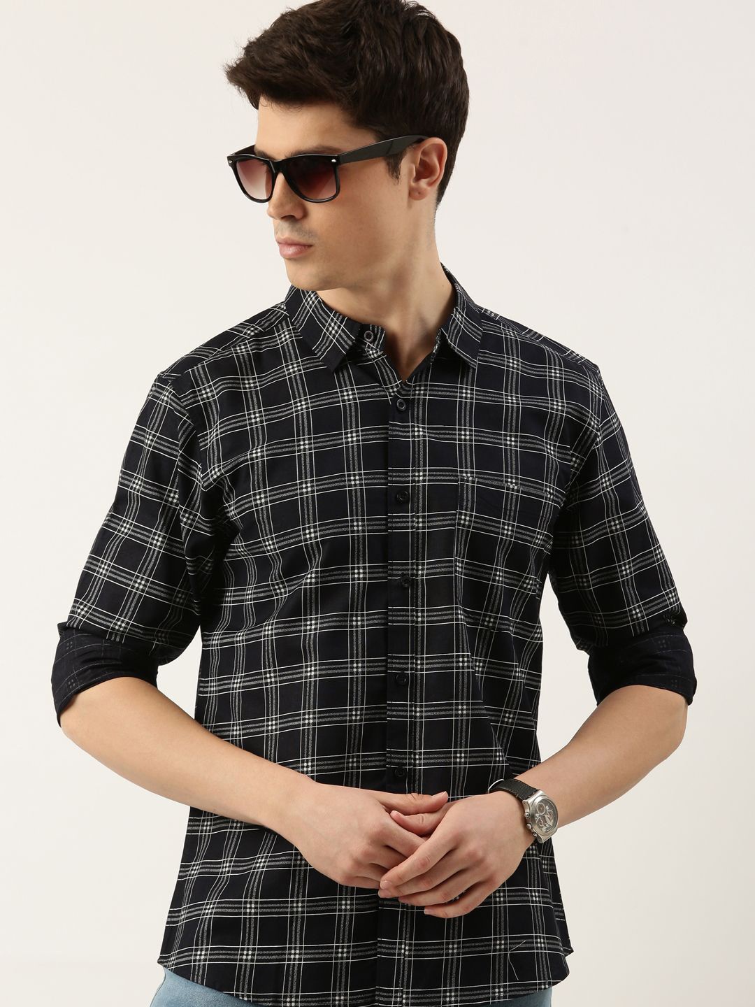 

Metronaut Men Spread Collar Tartan Checked Cotton Casual Shirt, Black