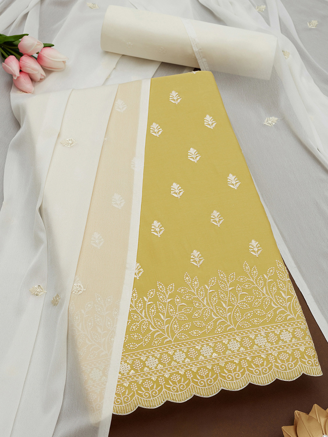 

Soch Floral Embroidered Sequinned Modal Silk Unstitched Dress Material, Yellow