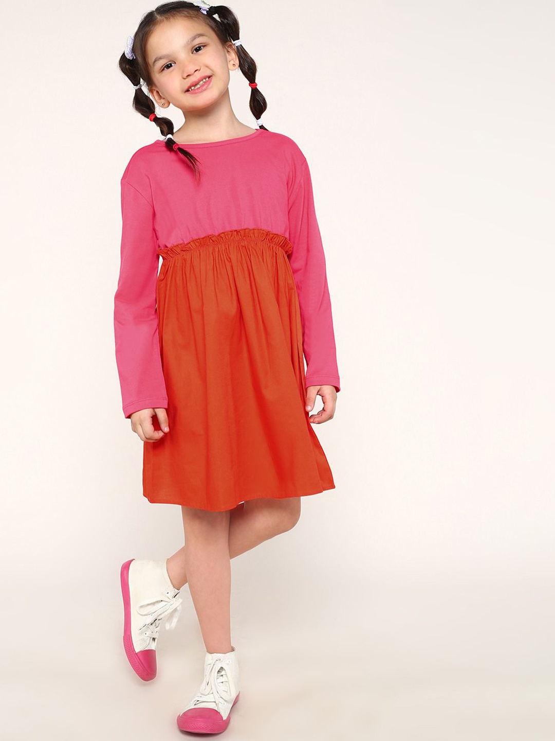 

BONKIDS Girls Colourblocked Long Sleeves Empire Dress, Orange