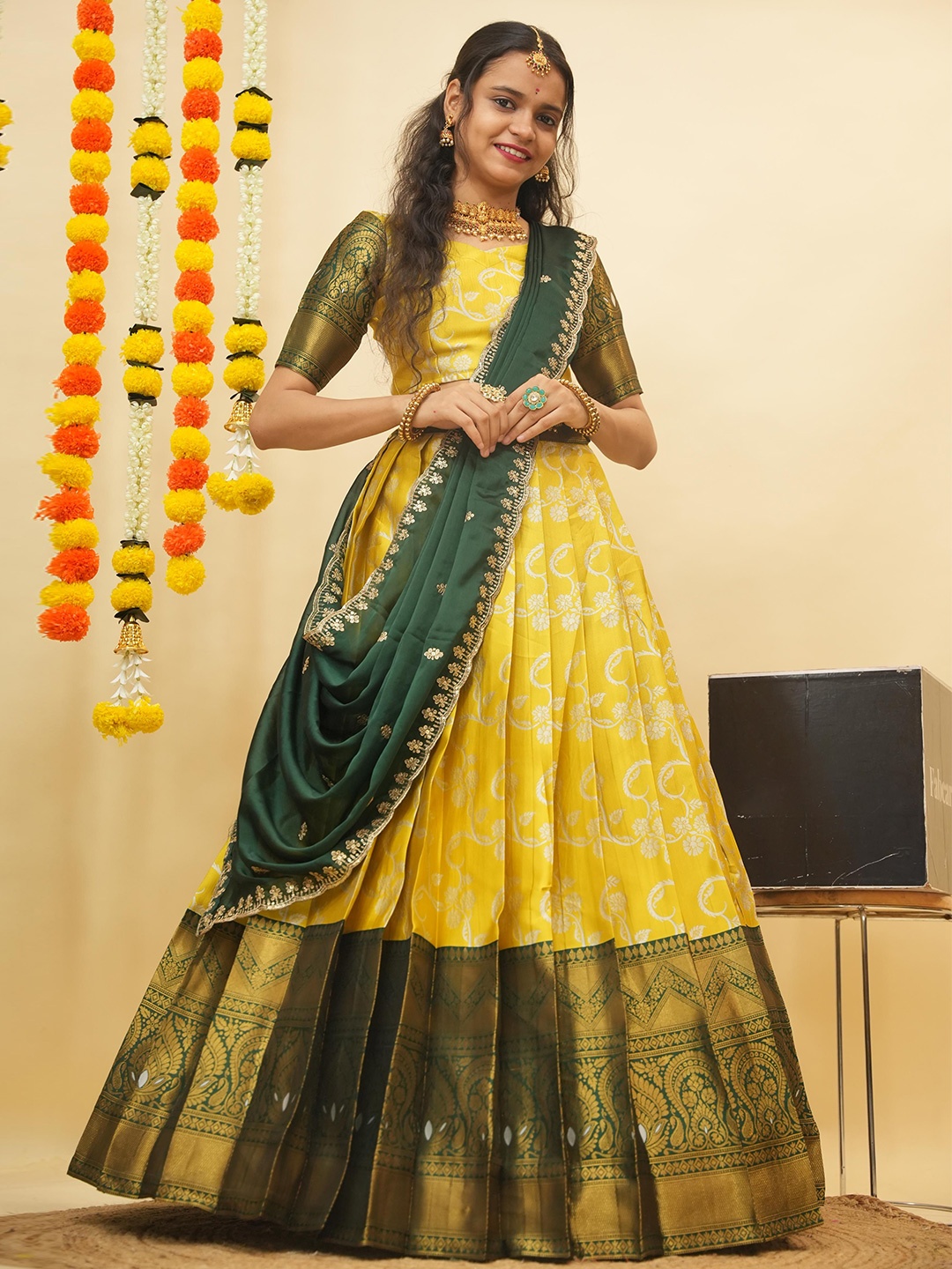 

Fabcartz Floral Woven Design Zari Semi-Stitched Lehenga & Unstitched Blouse With Dupatta, Yellow