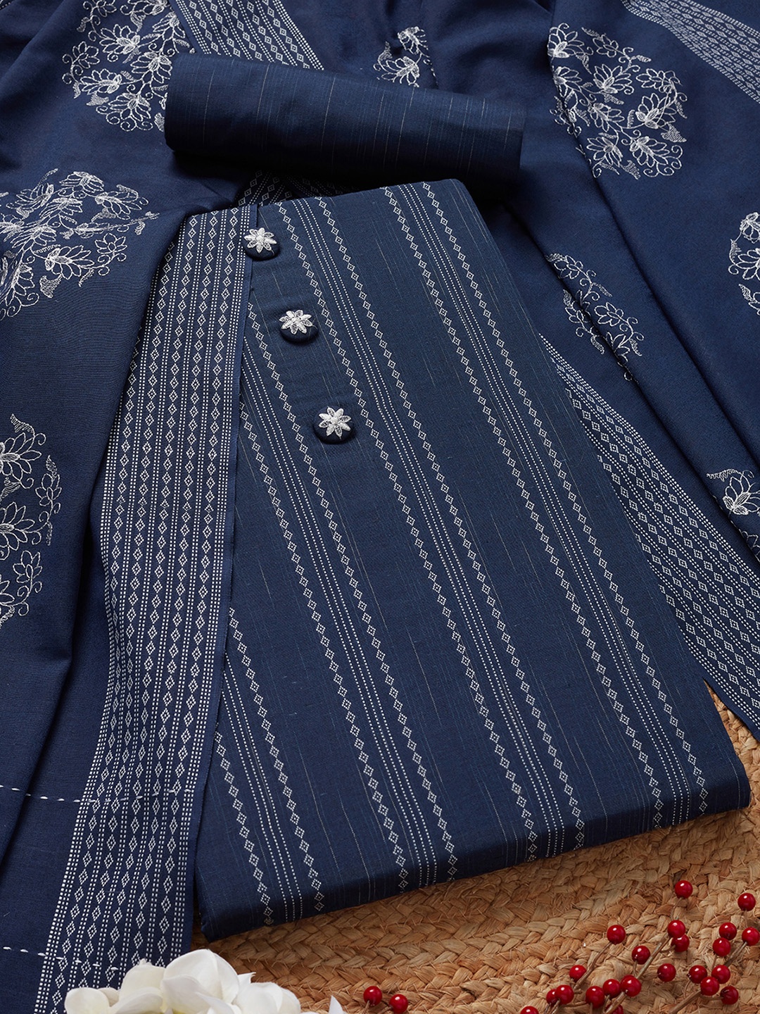 

Soch Striped Woven Design Unstitched Dress Material, Navy blue