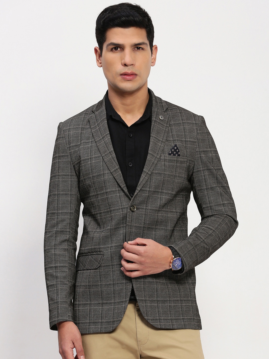 

SHOWOFF Checked Notched Lapel Collar Cotton Singel-Breasted Blazer, Grey