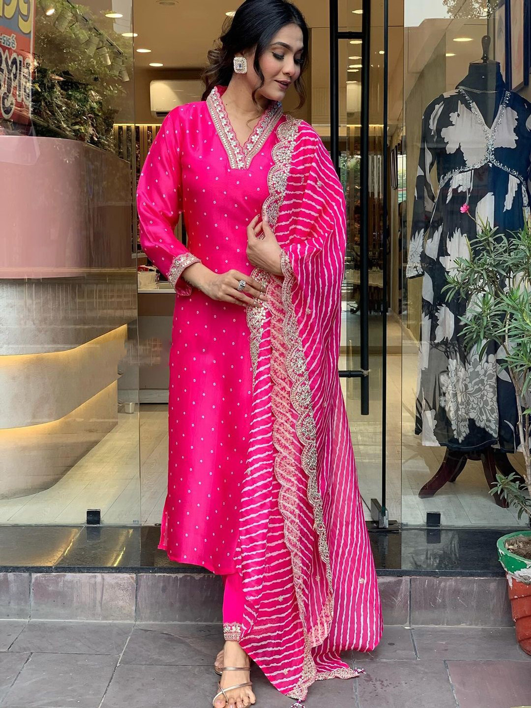 

Fashion Ritmo Floral Yoke Design V-Neck Straight Kurta with Trouser And Dupatta, Pink