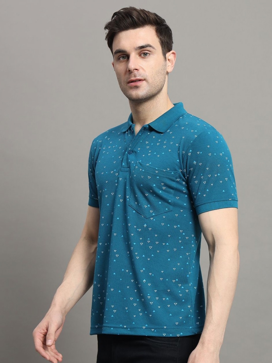 

MXN Men Geometric Printed Polo Collar Cotton T-shirt, Teal