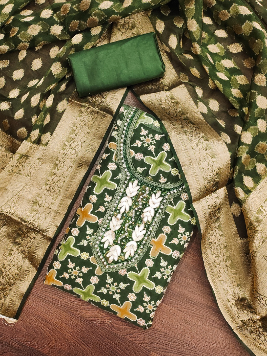 

ASISA Ethnic Motifs Printed Sequunied Unstitched Dress Material, Green