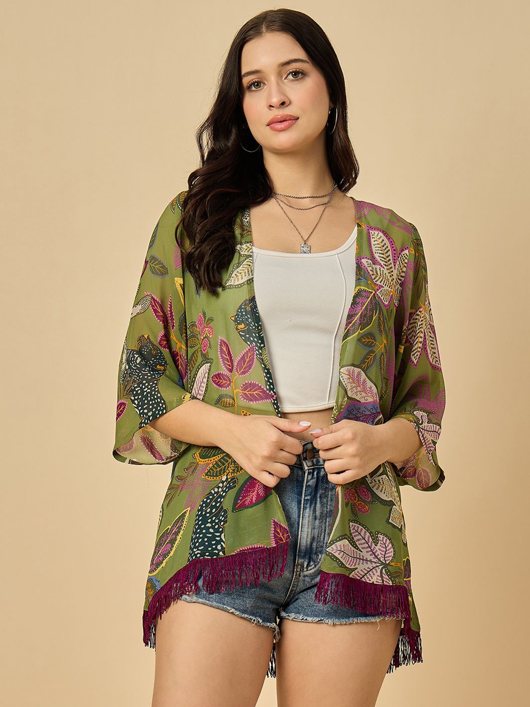 

Azira Floral Printed Tasselled Georgette Open Front Shrug, Green