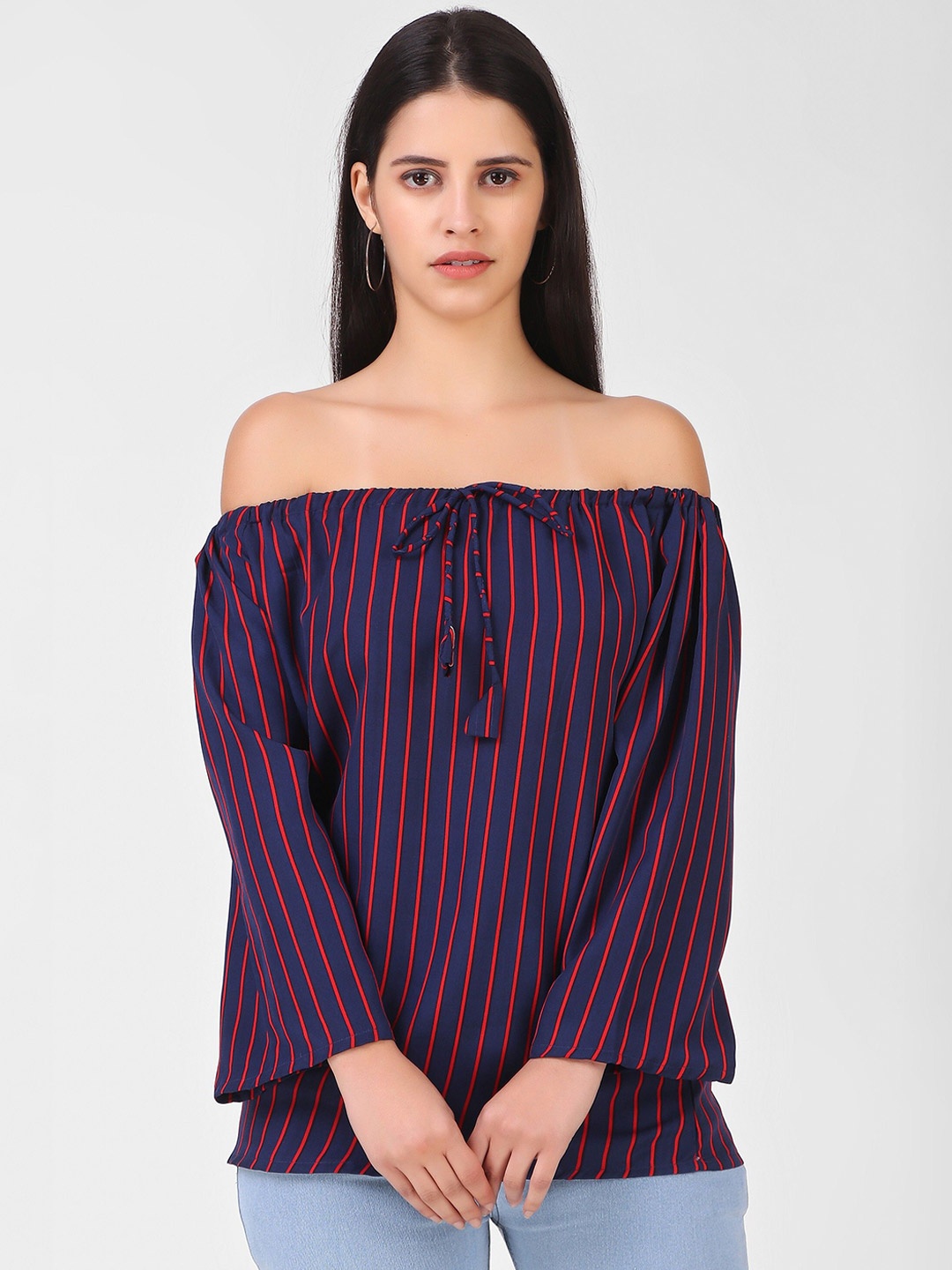 

KASHIAN Striped Off-Shoulder Flared Sleeve Bardot Top, Blue