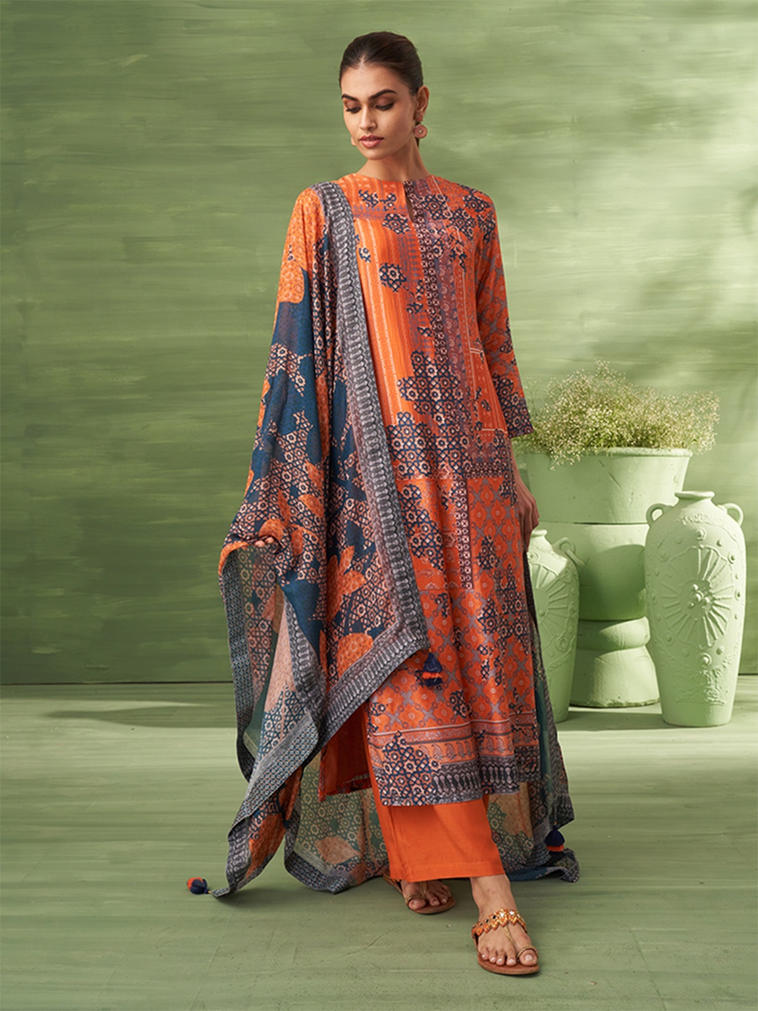 

SAUNDH Ethnic Motifs Printed Unstitched Dress Material, Orange