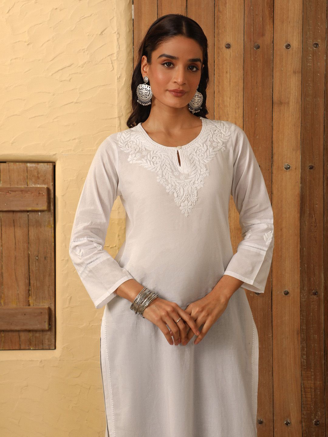 

House of Chikankari Women Ethnic Motifs Embroidered Flared Sleeves Chikankari Kurta, White