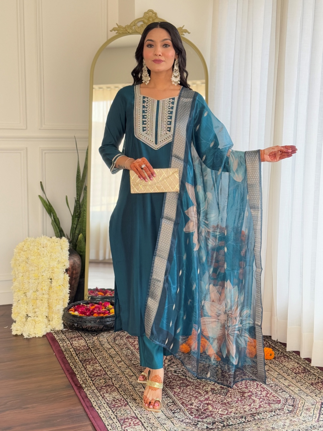 

KALINI Ethnic Motifs Embroidered Sweetheart Neck Straight Kurta With Trousers And Dupatta, Teal