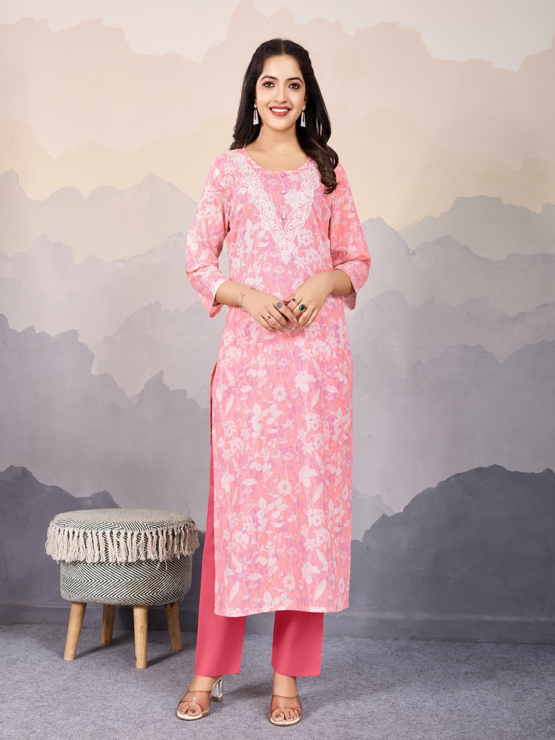 

MOJILAA Floral Printed Round Neck Thread Work Pure Cotton Kurta With Trousers, Peach