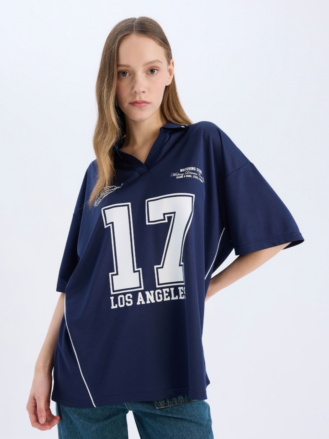 

DeFacto Women Varsity Printed Polo Collar T-shirt, Blue
