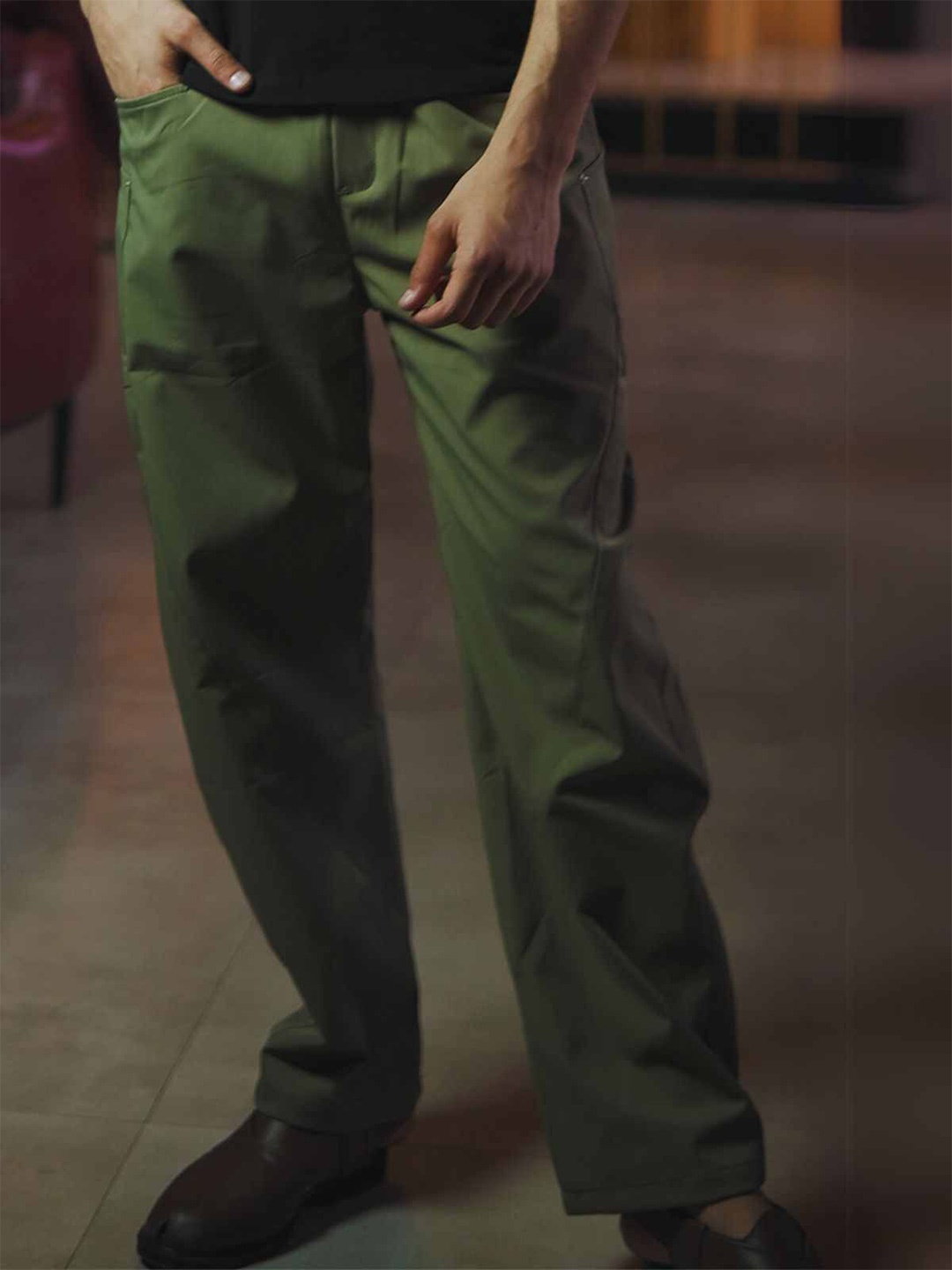 

ODETTE Men Olive Polyester Solid Trousers