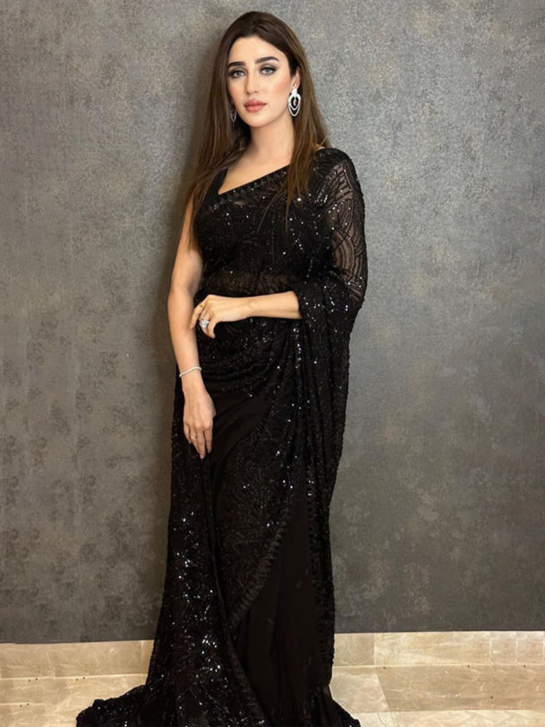 

SWADESI STUFF Embellished Sequinned Pure Georgette Saree, Black
