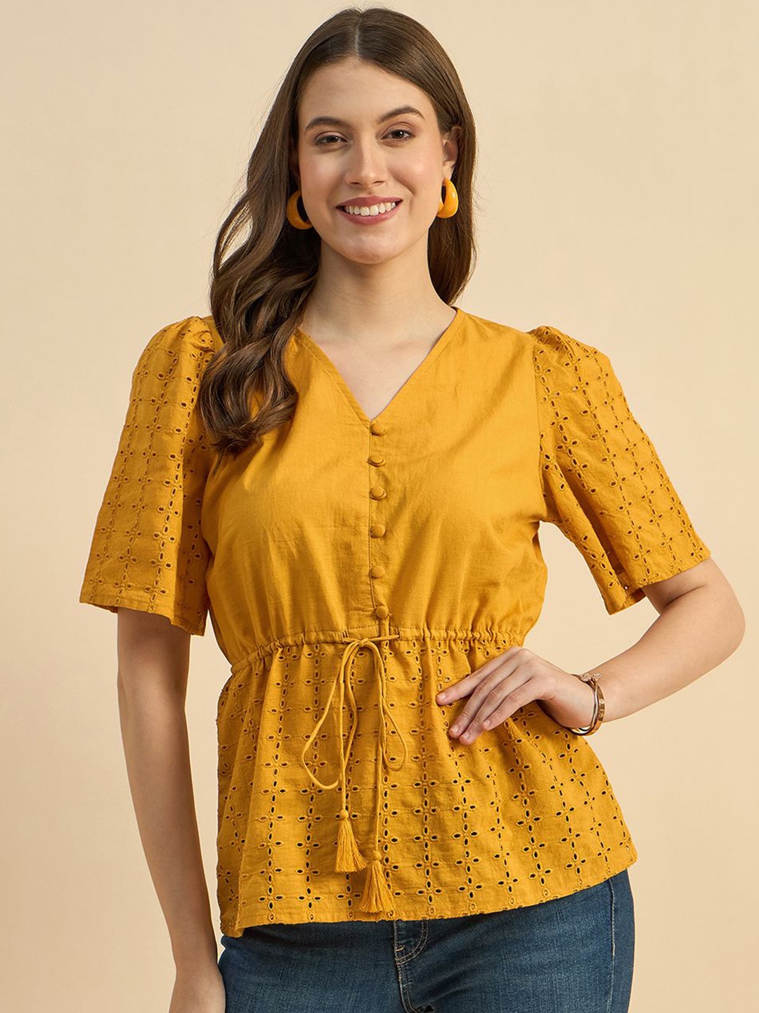 

Azira Women Puff Sleeve Schiffli Cotton Cinched Waist Top, Yellow