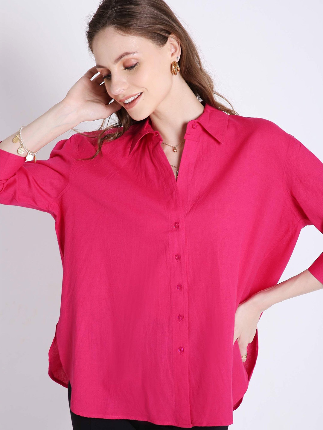 

French Theory Women Comfort Relaxed Fit Spread Collar Solid Linen Casual Shirt, Fuchsia