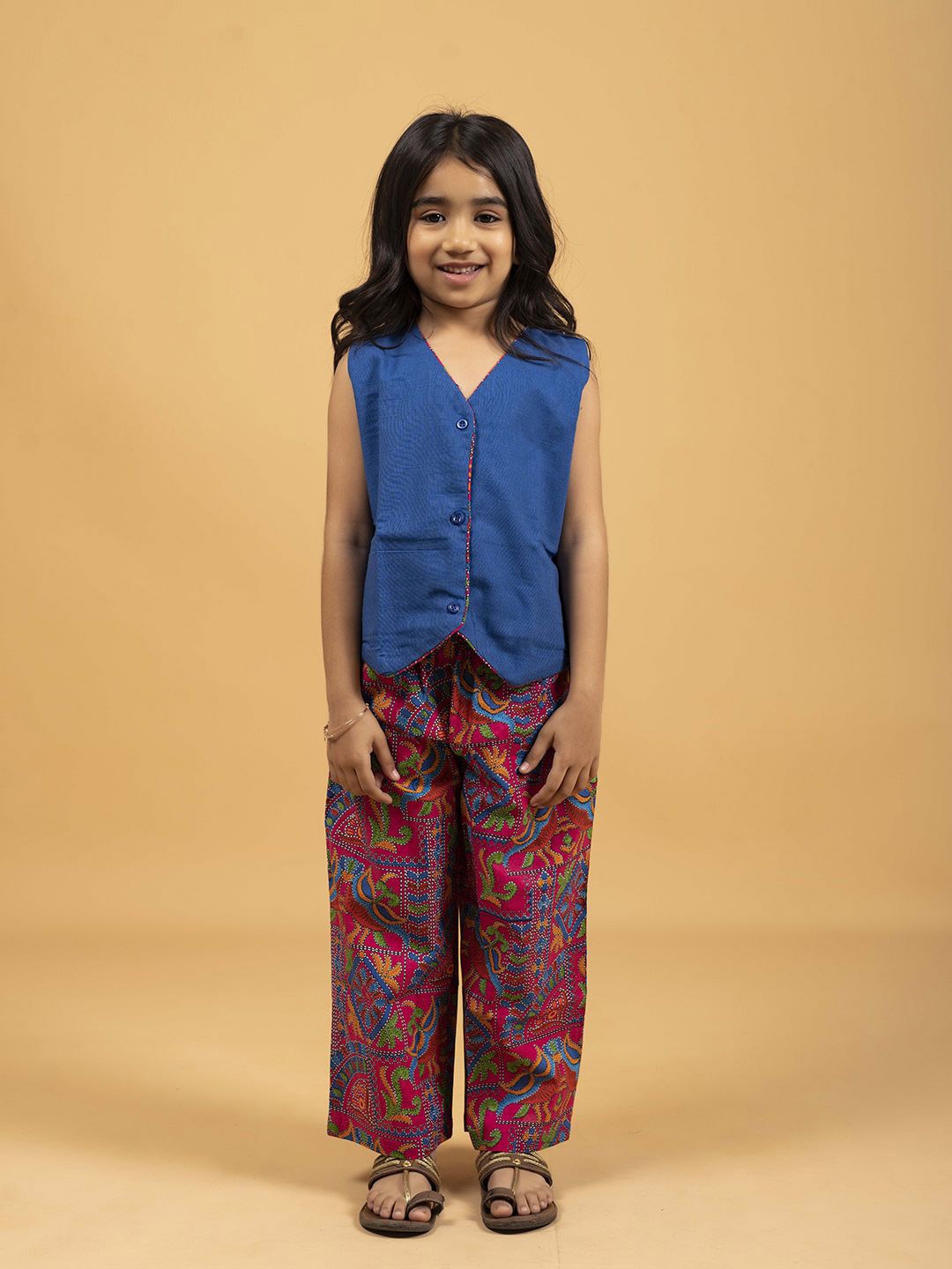 

SPARSA Girls V-Neck Pure Cotton Waistcoat With Trousers, Blue