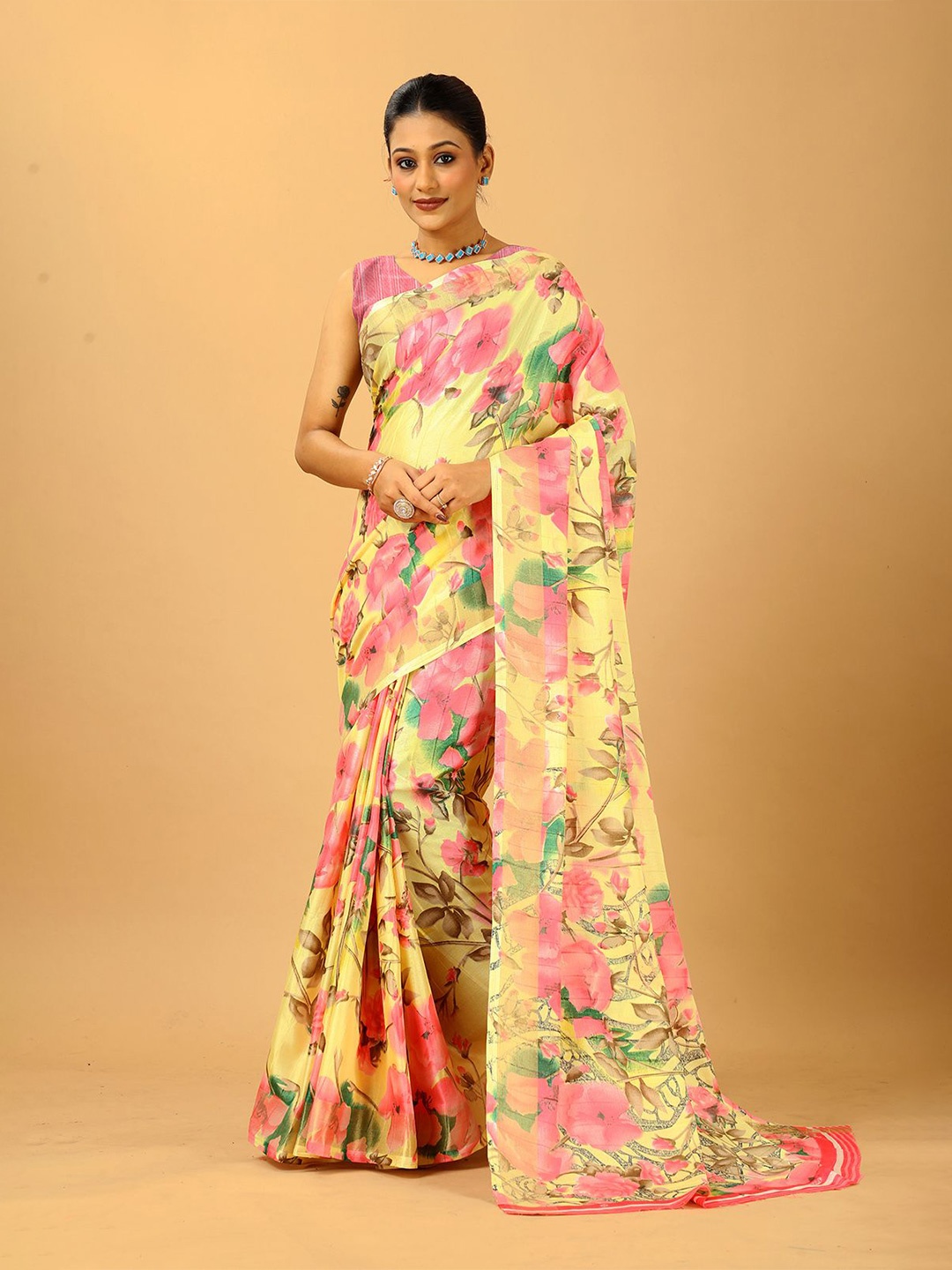

A.V.M. SILK MILLS Floral Printed Saree, Yellow