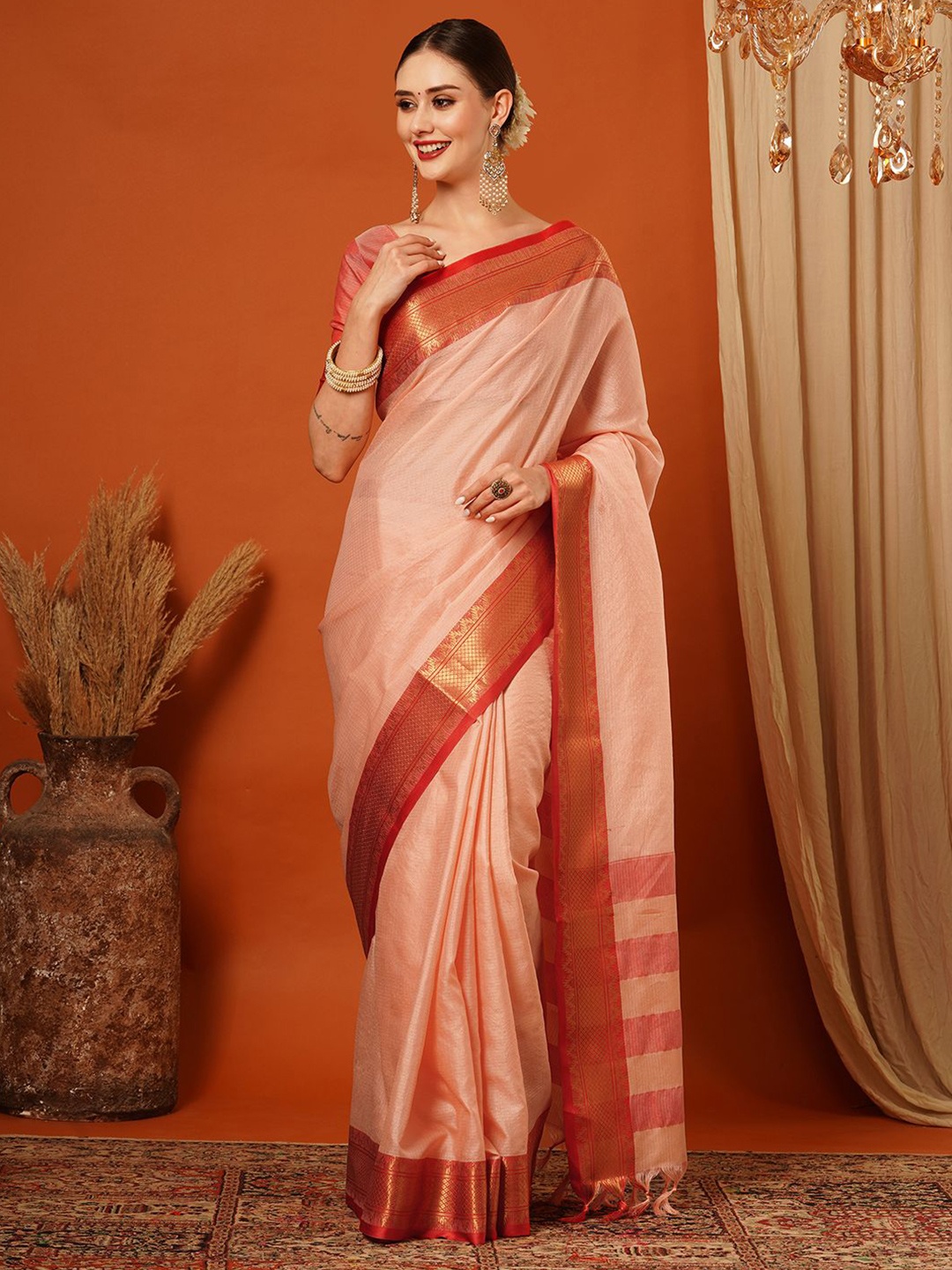 

DIVASTRI Zari Pure Silk Mysore Silk Saree, Peach