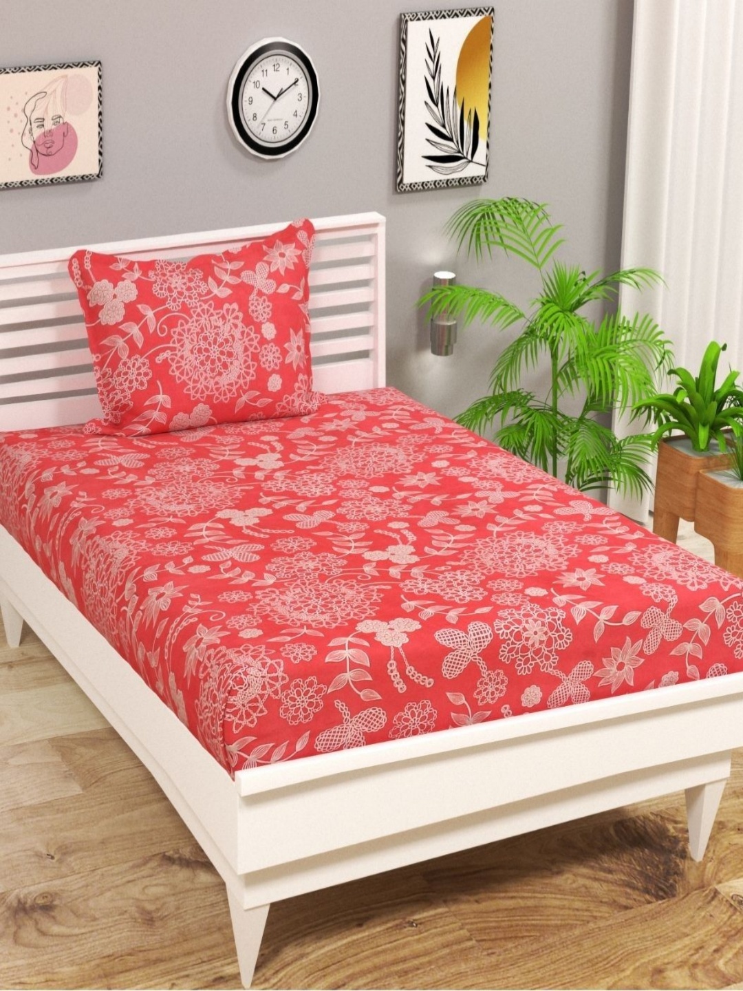 

bsb home Aspire Peach Floral Printed Microfiber 144 TC Single Bedsheet Set 2.28 m x 1.52 m
