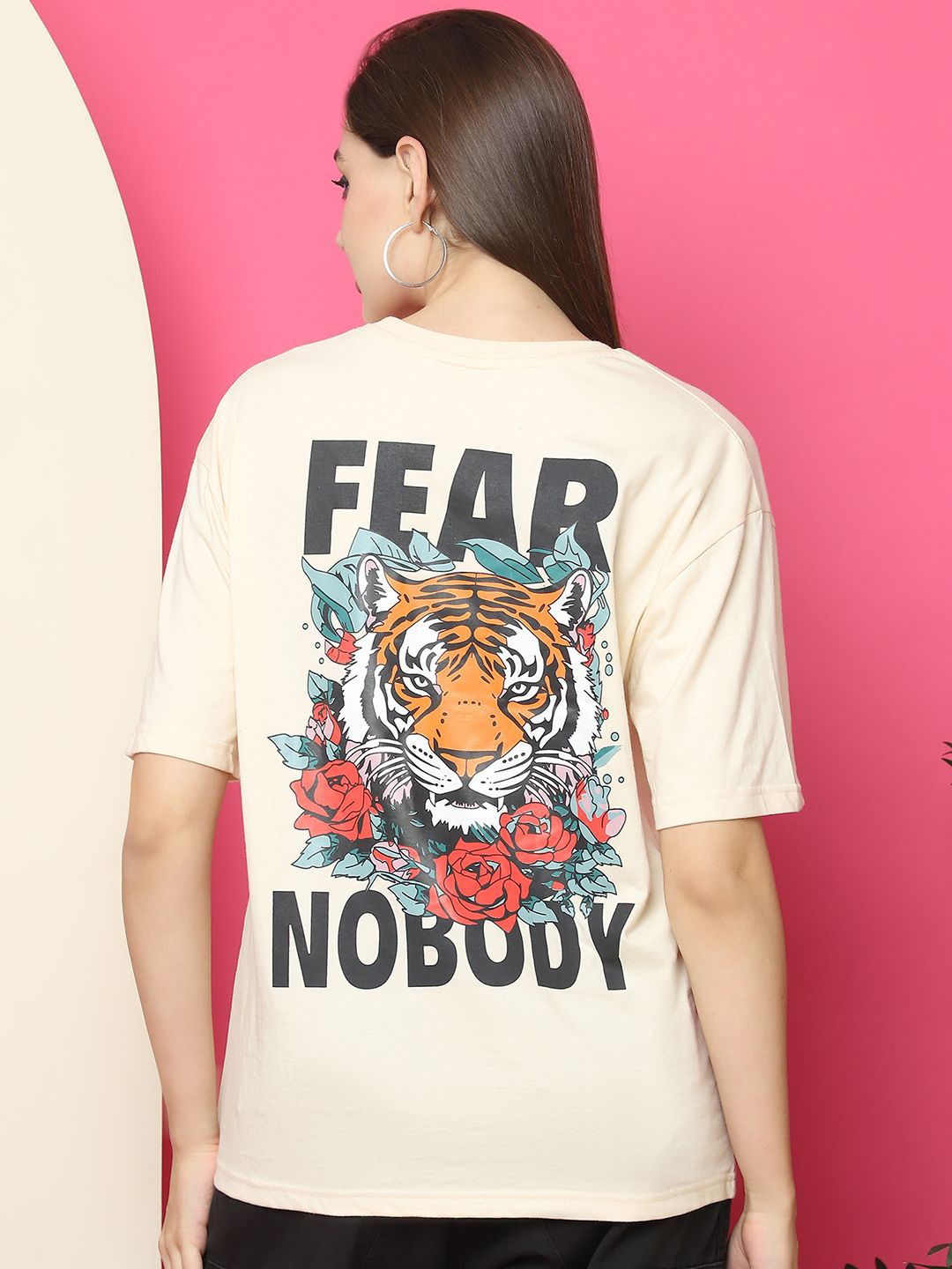

The Roadster Lifestyle Co. Women Graphic Printed Round Neck Cotton Oversized T-shirt, Beige