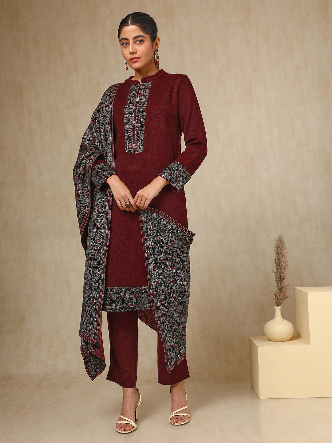 

Soch Maroon Floral Woven Design Acrylic Straight Kurta With Trouser & Dupatta