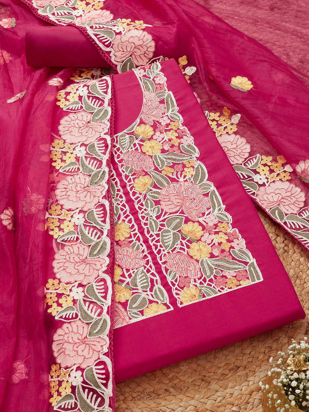 

Soch Floral Embroidered Thread work Cotton Unstitched Dress Material, Fuchsia