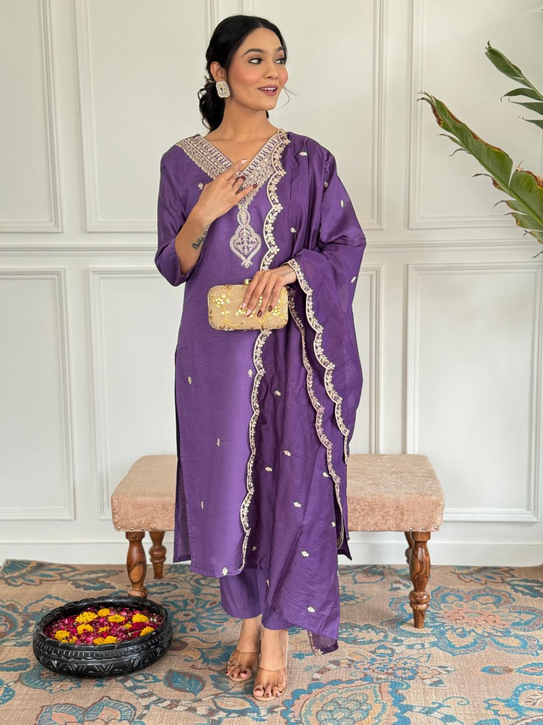 

Fashion Ritmo Ethnic Motifs Embroidered Chanderi Silk Kurta With Trouser And Dupatta, Purple