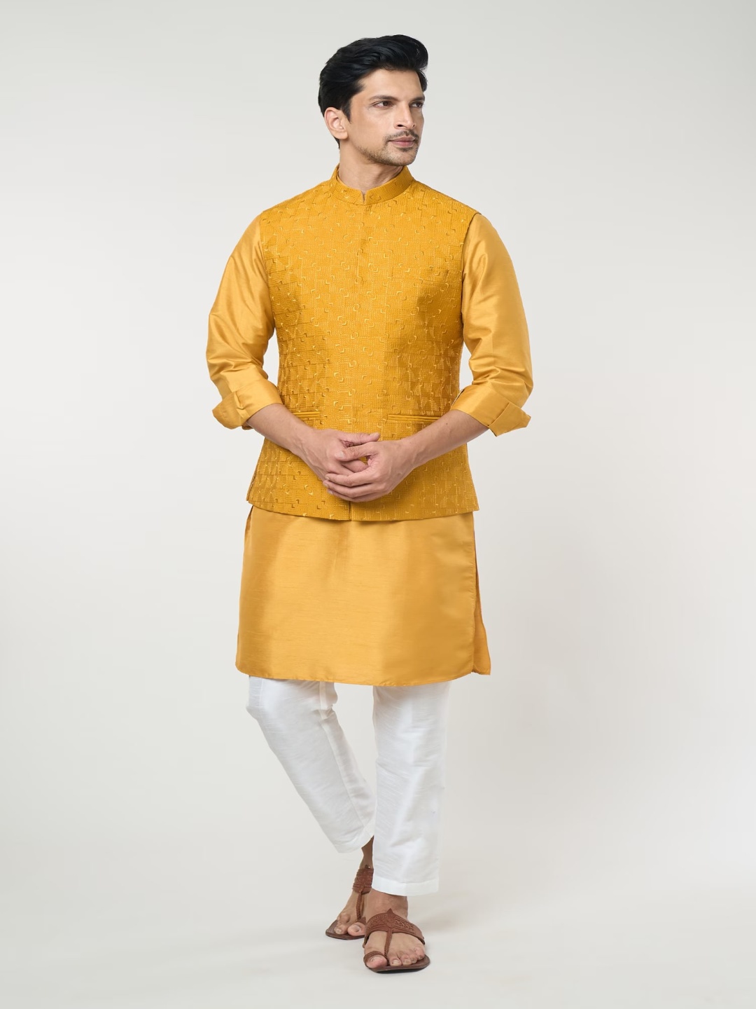 

RNG Safawala Men Mandarin Collar Dupion Silk Straight Kurta With Trousers And Nehru Jacket, Mustard