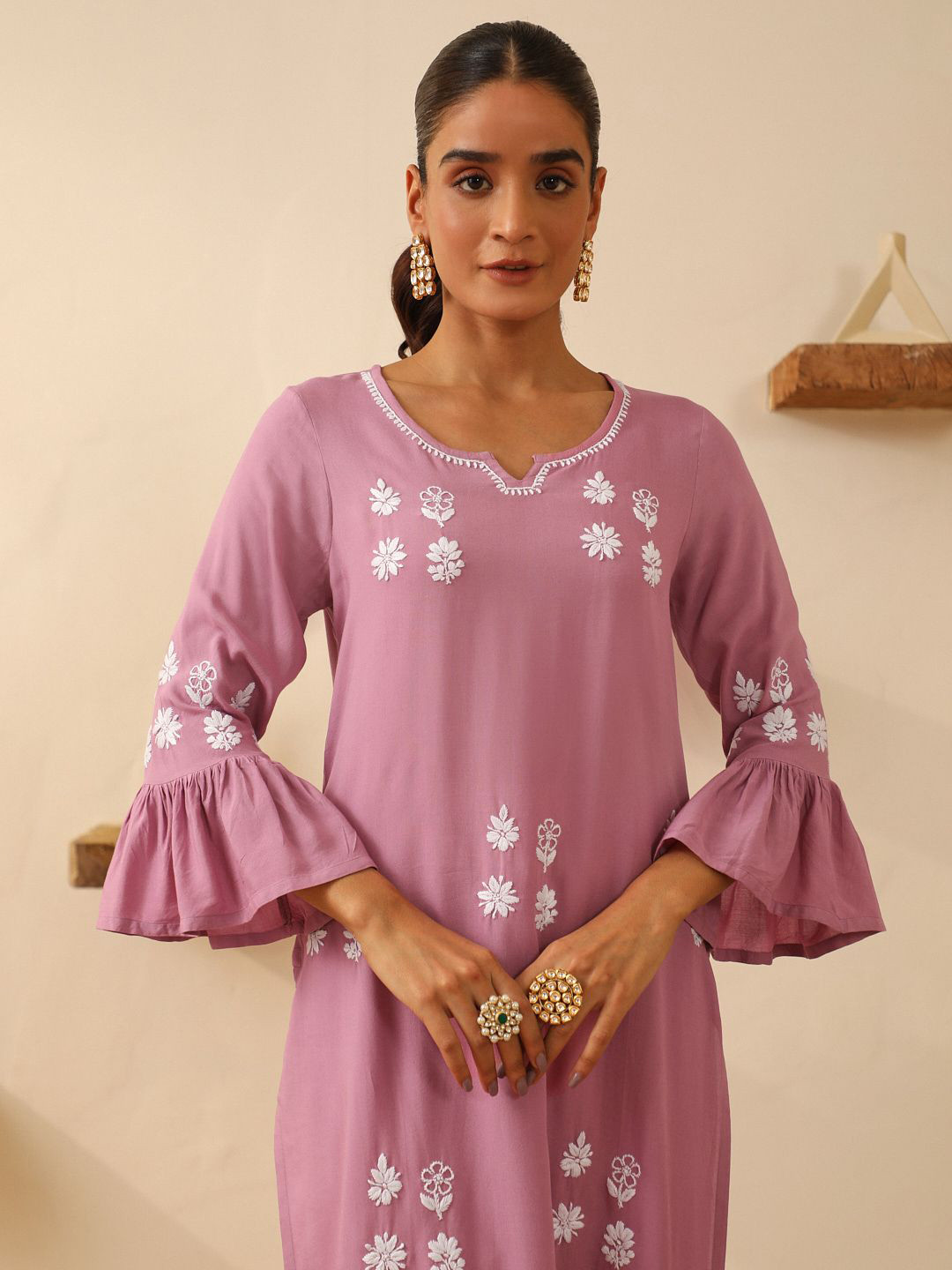 

House of Chikankari Women Embroidered Flared Sleeves Chikankari Kurta, Pink