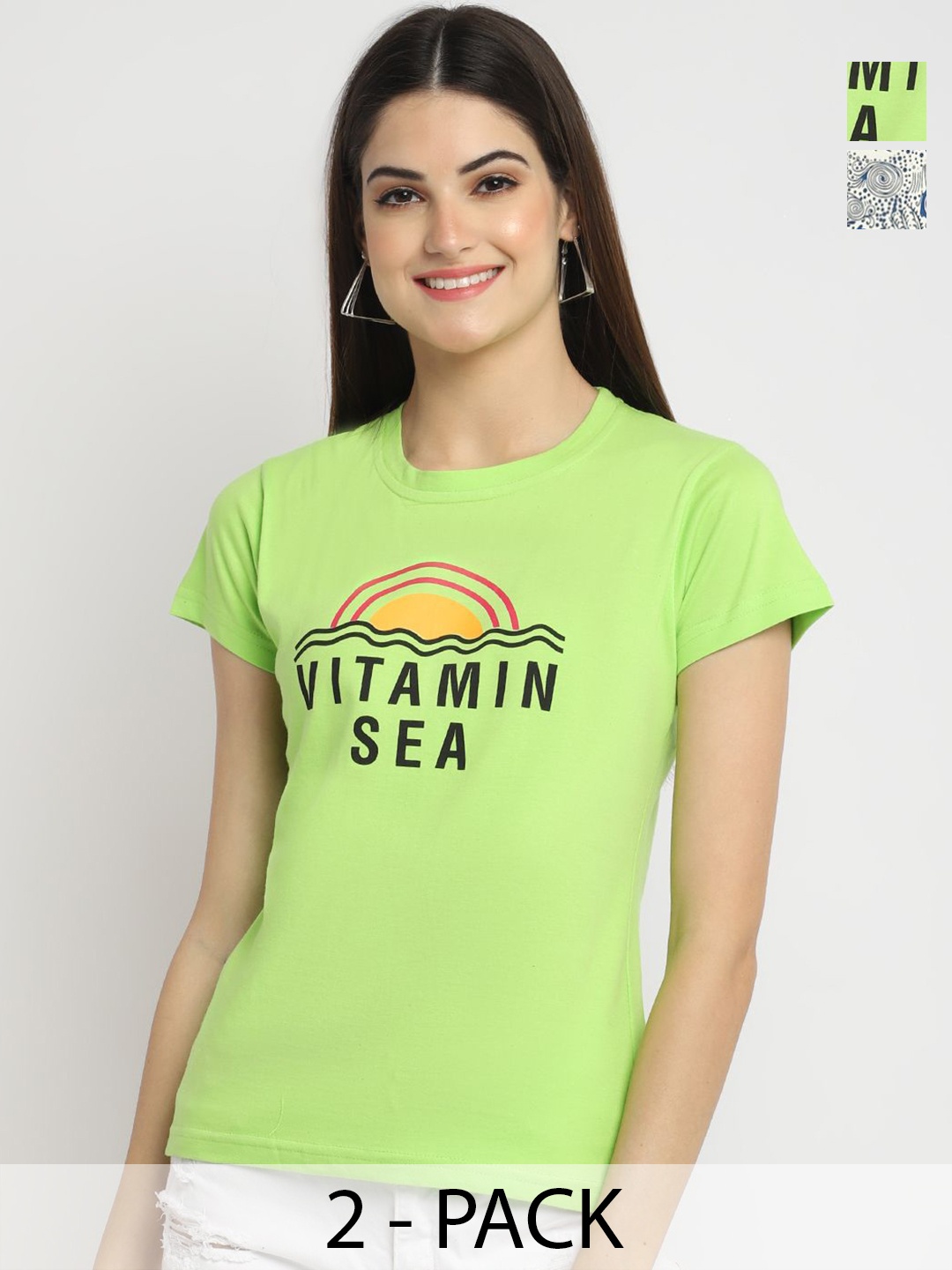 

Dreambe Women Pack Of 2 Graphic Printed Round Neck Cotton T-shirts, Green