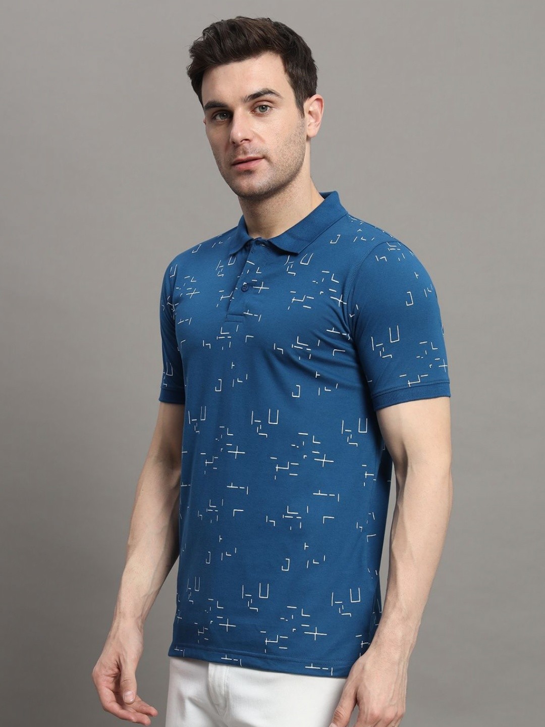 

MERRIMENT Men Geometric Printed Polo Collar Cotton T-shirt, Teal