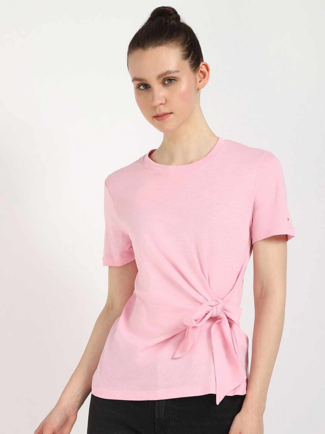 

Tommy Hilfiger Women Solid Round Neck Cotton T-shirt, Pink