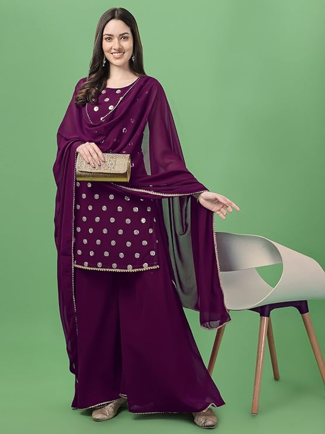 

PARROT CREATION Women Embroidered Regular Sequinned Kurti with Sharara & With Dupatta, Purple