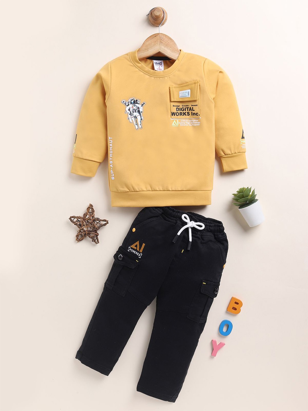 

Annie Boys Typography Printed Pure Cotton Sweatshirt With Trousers, Mustard