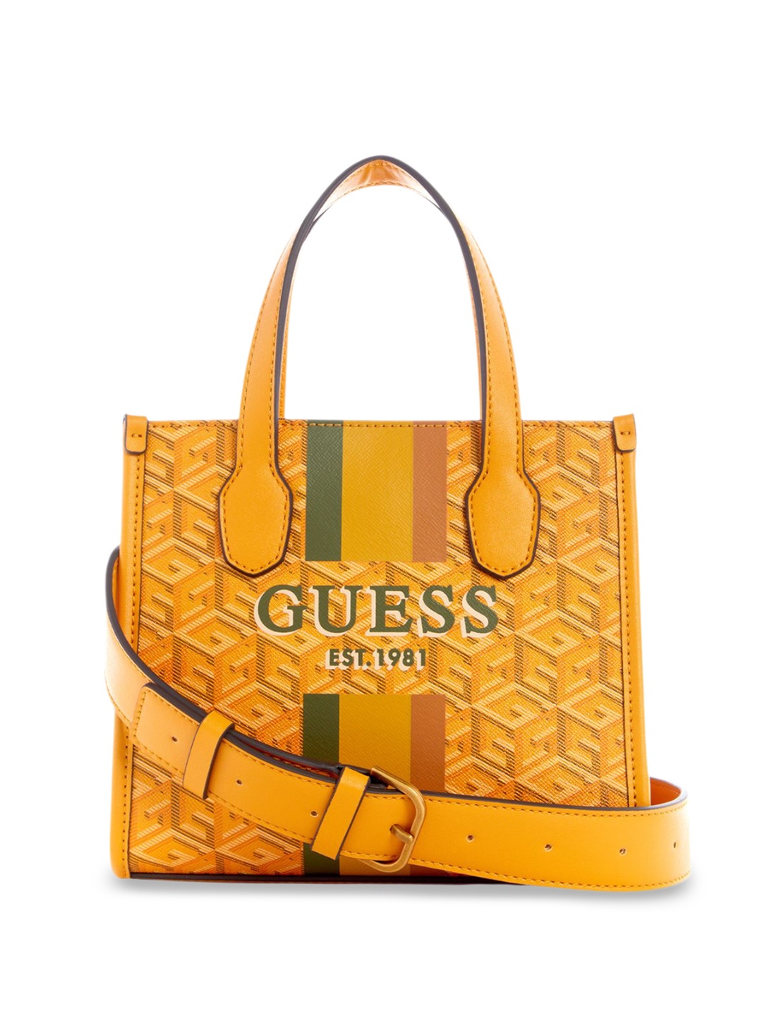 

GUESS Printed PU Structured Tote Bag with Cut Work, Yellow