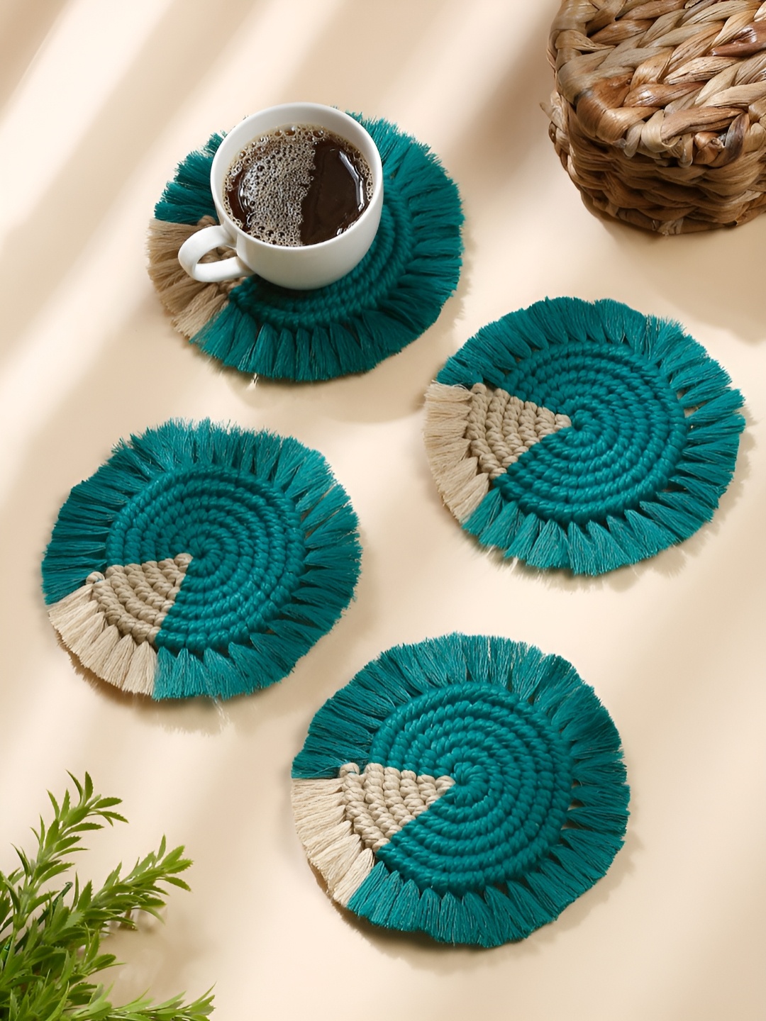 

My Creative Hut 4-Pcs Teal & Beige Textured RoundCoasters