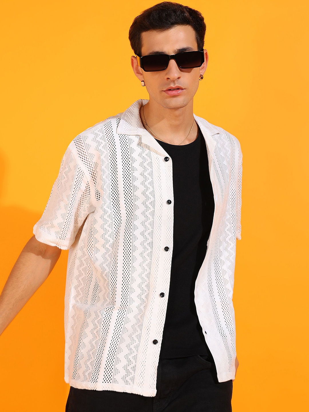 

INDICLUB Men Relaxed Fit Cuban Collar Textured Casual Shirt, White