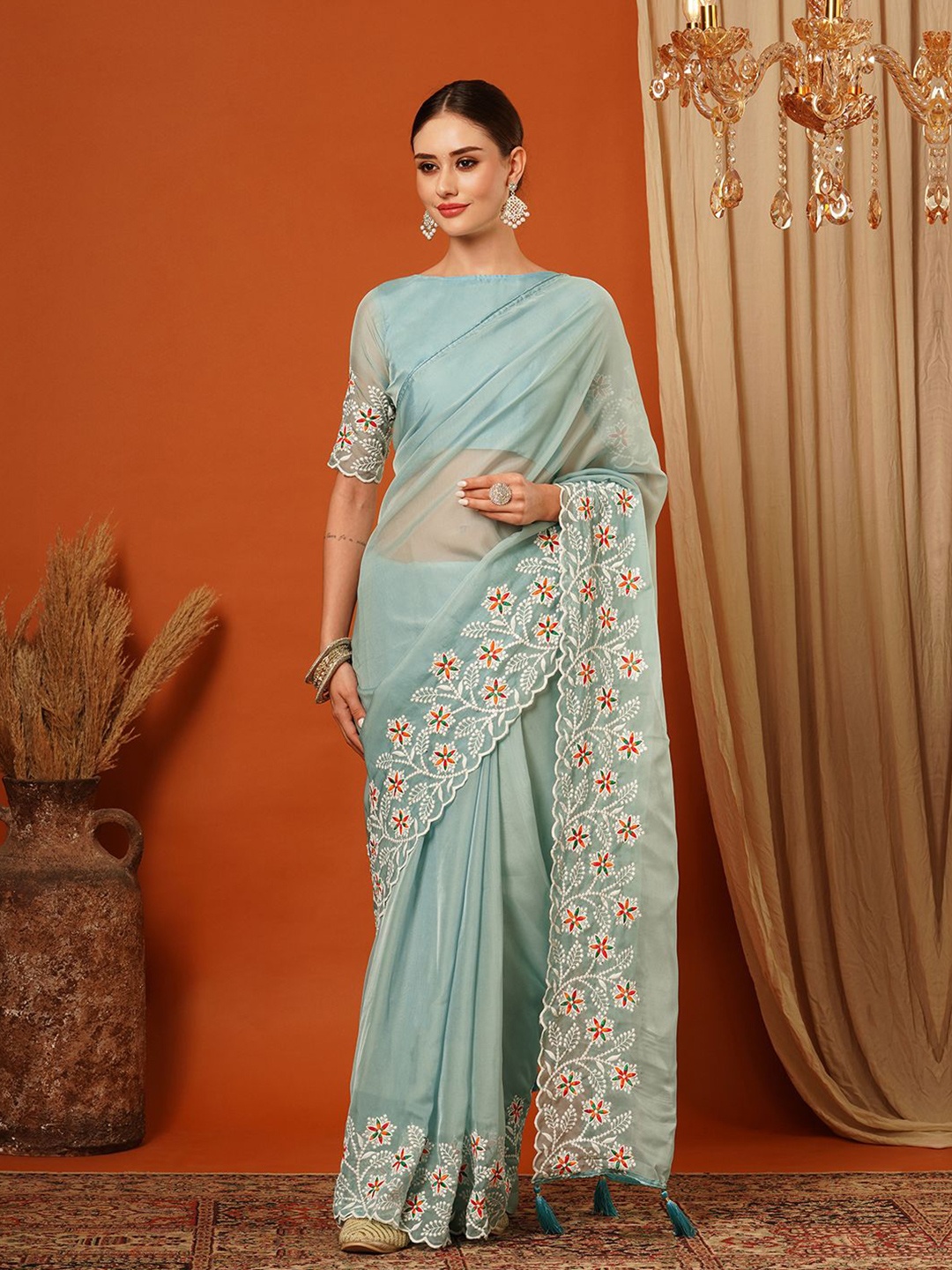 

DIVASTRI Embroidered Pure Silk Mysore Silk Saree, Turquoise blue