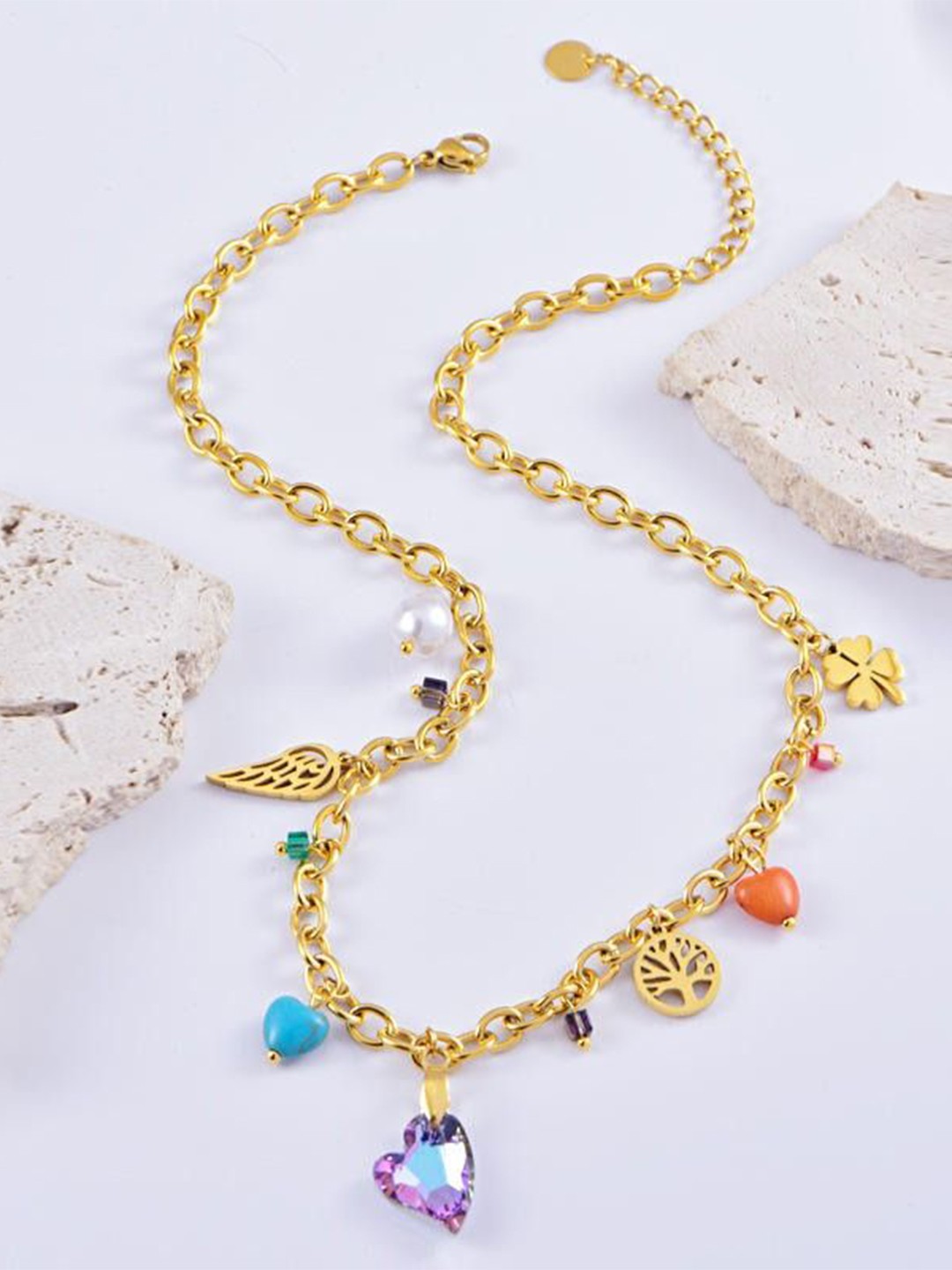 

VIEN Gold-Plated Artificial Stone Studded & Beaded Stainless Steel Statement Necklace