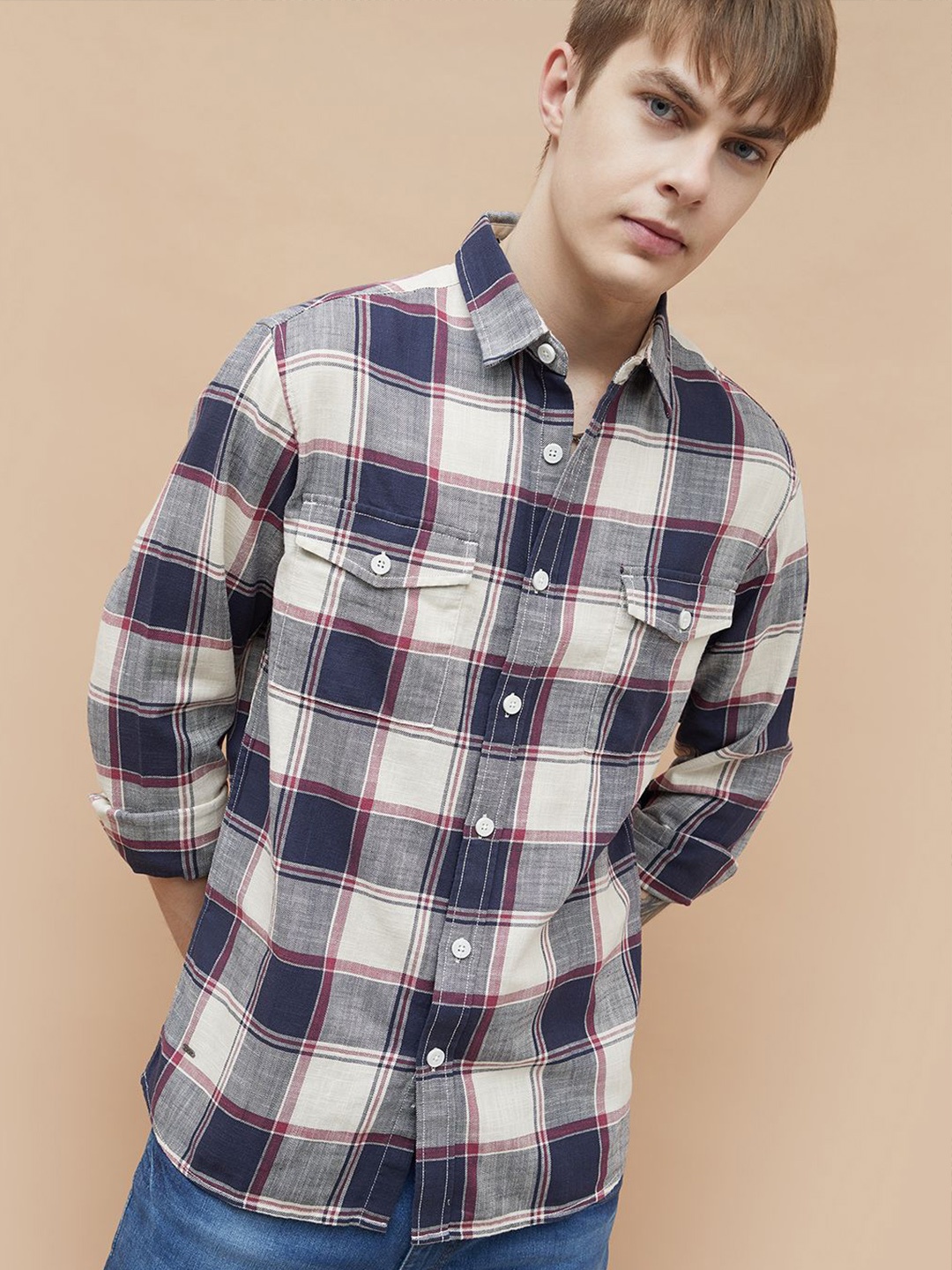 

Forca Men Spread Collar Tartan Checked Cotton Casual Shirt, Navy blue