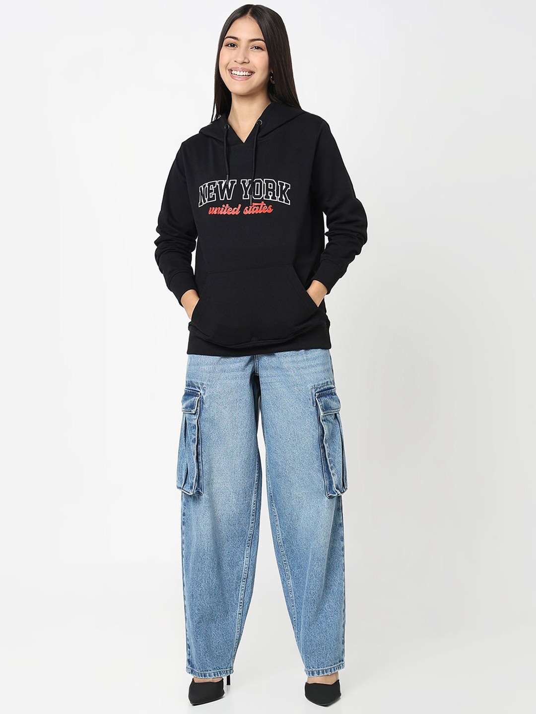 

R&B Women Printed Hooded Pullover Sweatshirt, Black