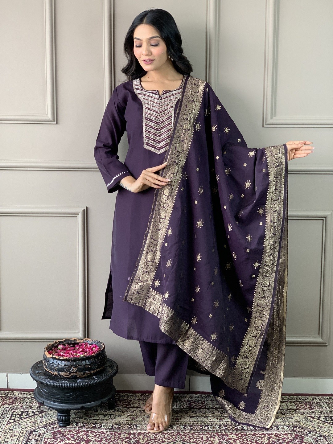 

KALINI Floral Embroidered Scoop Neck Straight Kurta With Pyjamas And Dupatta, Purple